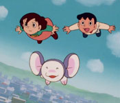 Eri and Shou flying over the city with Chimpui