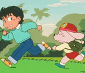 Hat and Ken running away from henchmen